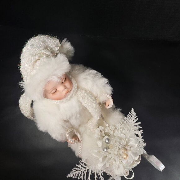 All White Heritage Signature Collection Porcelain Baby Doll in Winter Sleigh - Picture 8 of 11